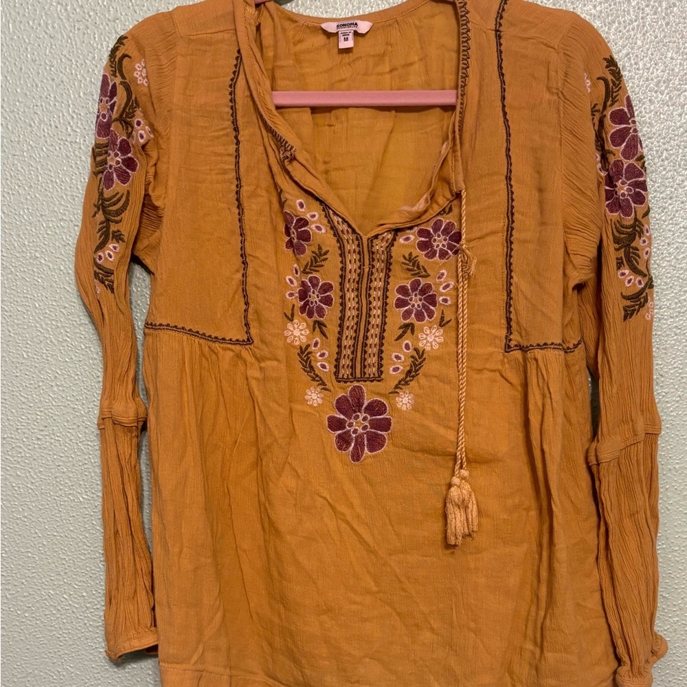 Boho Chic Mustard Tunic with Floral Embroidery